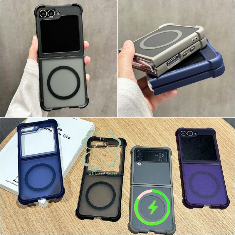 แม่เหล็กชาร์จไร้สายสี่ Coner เคสป้องกันการตก Samsung Galaxy Z Flip 6 Flip 5 Flip 4 Flip 3 ปลอกโปร่งแสงกันกระแทกฝาหลัง