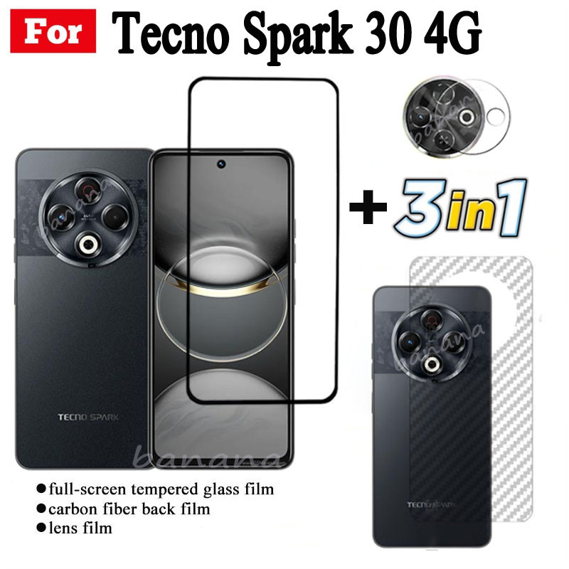 3 IN 1 Tecno Spark 30 4G ฟิล์มกระจกนิรภัยสําหรับ Tecno Spark 30 Pro 30C ฝาครอบป้องกันหน้าจอแก้ว + ฟิล์มเลนส์กล้อง + ฟิล์มด้านหลัง