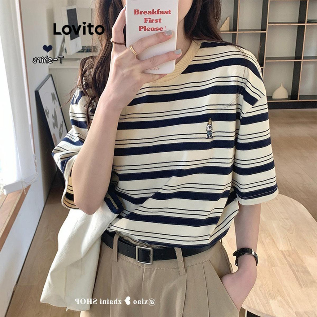 Lovito เสื้อยืดผู้หญิง ลายทาง แบบปักลาย สไตล์ลำลอง LNM66180