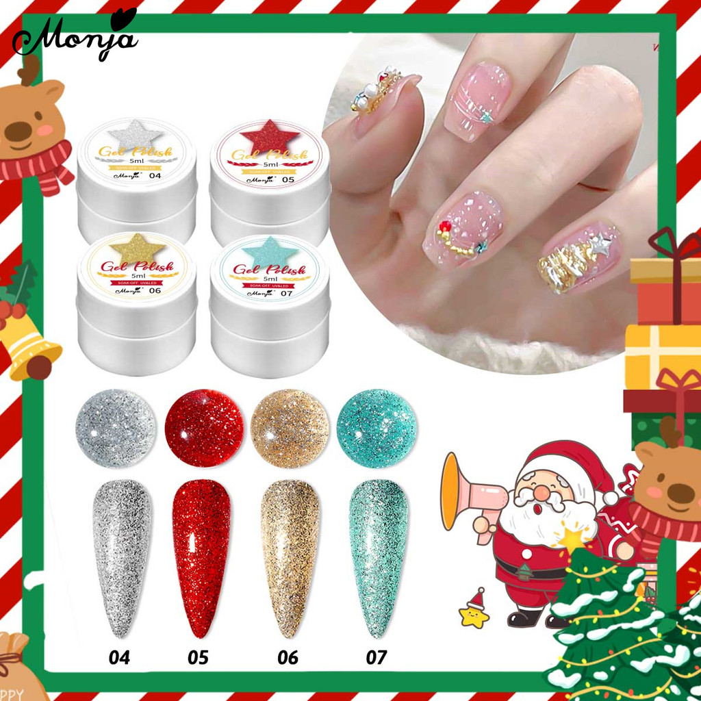 Monja 5ml คริสต์มาสเจลเล็บเล็บ Glitter เลื่อมเจลสะท้อนแสง Soak Off UV เจลเคลือบเงาเล็บเครื่องมือ