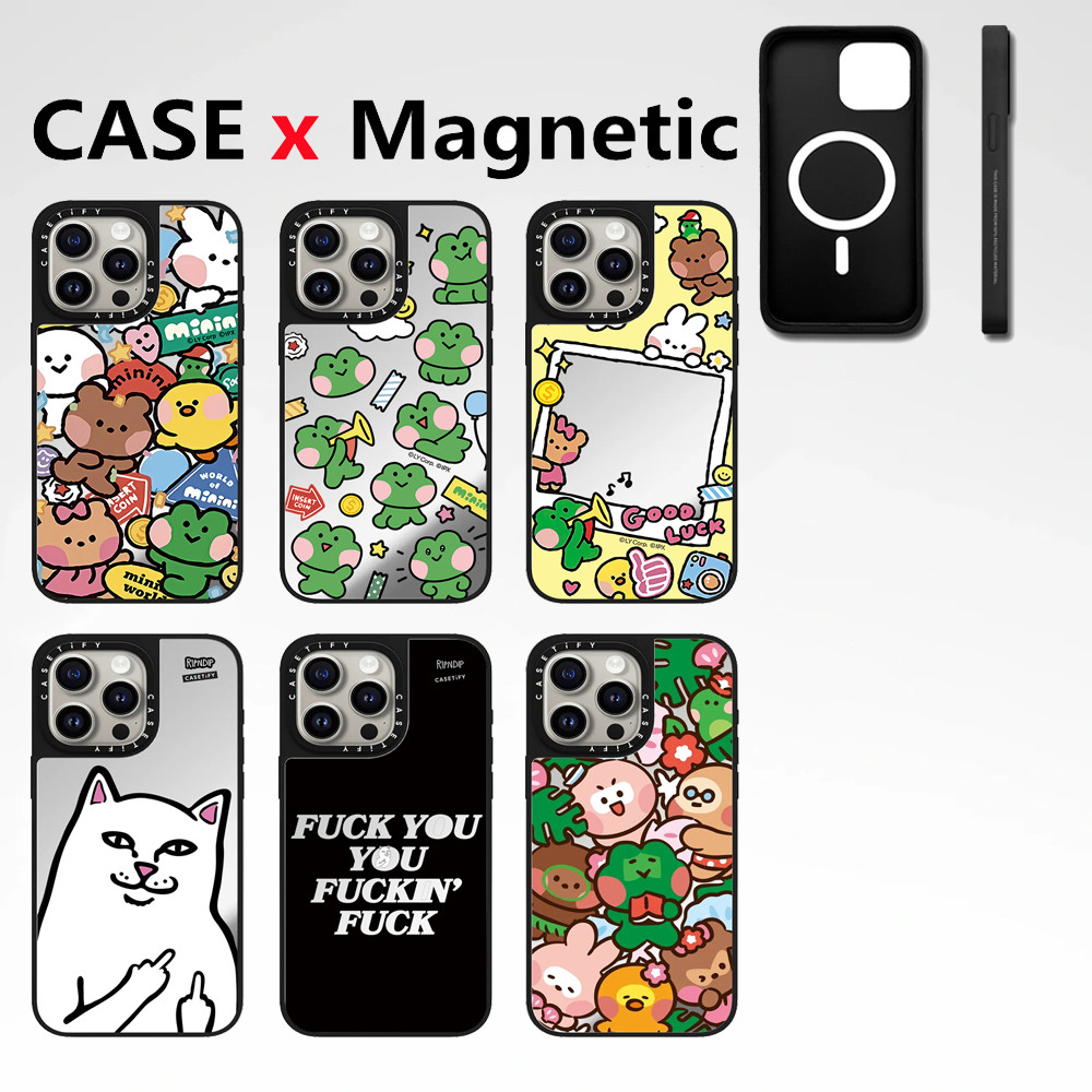 Casetify LINE Friends mini กระจกฝูงชนเกินไปเอฟเฟกต์แม่เหล็กเคสโทรศัพท์เข้ากันได้สําหรับ iPhone 12 13 14 15 16 Pro Max 16 plus ตัวอักษรด้านข้างฝาครอบโทรศัพท์กันกระแทกปลอก