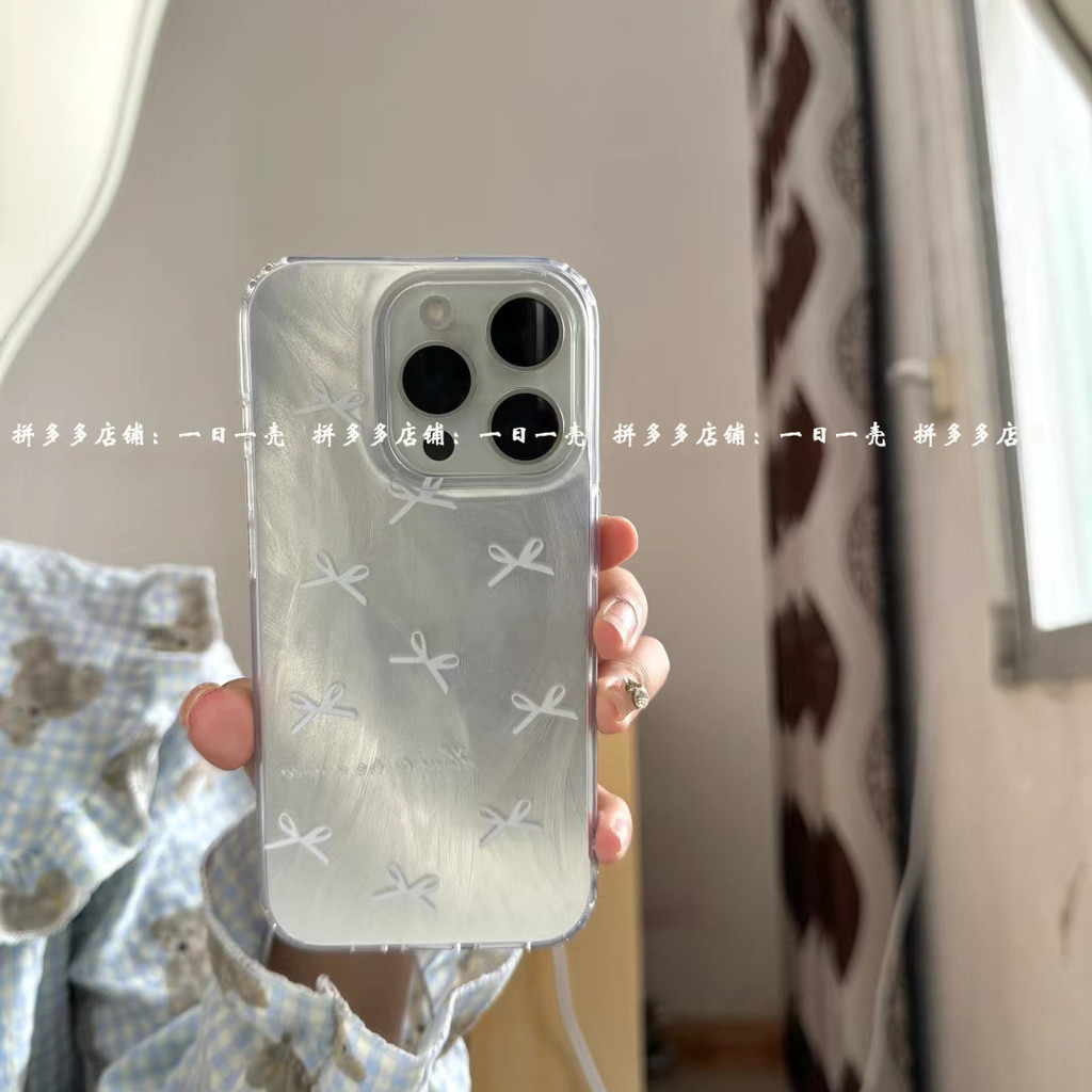 โบว์สีขาวเหมาะสําหรับ iPhone16Promax เส้นด้ายขนนก 14 Apple 15 เคสโทรศัพท์ 13/11 อินเทรนด์ 12 Premium Shock-proof Case EPVE