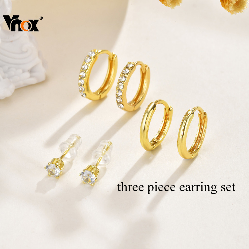 Vnox Zircon Cubic ชุดต่างหูสามชิ้นสําหรับผู้หญิง,ต่างหูสแตนเลสสีทอง,ของขวัญเครื่องประดับแฟชั่น