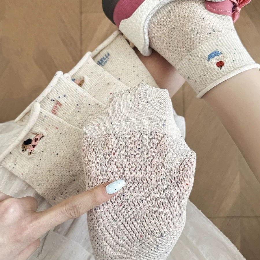 ฤดูร้อน Breathable Hollow Mesh Dot Gauze การ์ตูน Curling ถุงเท้าน่ารักผู้หญิง