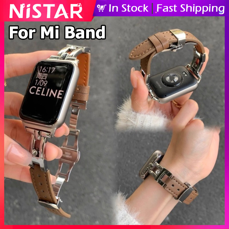 Nistar แฟชั่น creative โลหะเพชรสายหนังสําหรับ Xiaomi Smart Band 9 Pro 8 Pro Redmi 5 4,20 มม.สไลด์รางโลหะสร้อยข้อมือหนังสําหรับ Samsung Galaxy Watch 7 6 5 4 44 มม.40 มม.