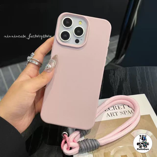 เคสหนัง For iPhone 16 เคสนิ่ม TPU เรียบง่าย สีลูกกวาด เคส + Lanyard For iPhone 15 11 16 14 13 12 Pro max XS XR 7 8 Plus