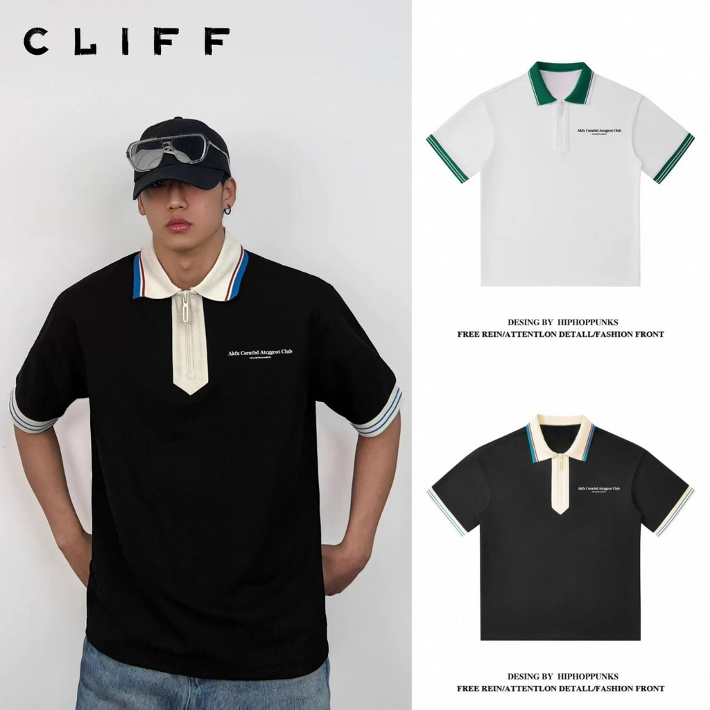 CLIFF ยอดนิยมสไตล์อเมริกัน เสื้อโปโลผู้ชาย การออกแบบซิปครึ่ง ข้อมือเย็บต่อกัน ความรู้สึกระดับสูง