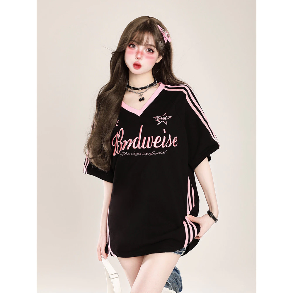 Solovely ผู้หญิง สไตล์เกาหลี ปักลาย ผ้าฝ้าย เสื้อตัวบน สีเย็บ ลายทาง คอวี โอเวอร์ไซส์ เสื้อยืด