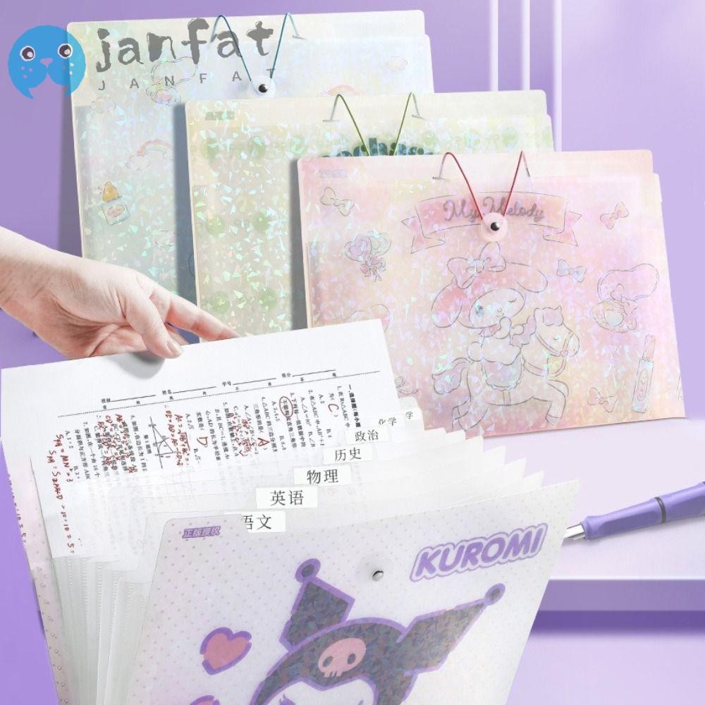 Janfat แฟ้ม A4, กระเป๋าแฟ้มขยาย Sanrio Kuromi Melody ที่ส่องแสง, แบบพกพา Cinnamoroll ความจุขนาดใหญ่ 8 กระเป๋าถุงเก็บกระดาษทดสอบ