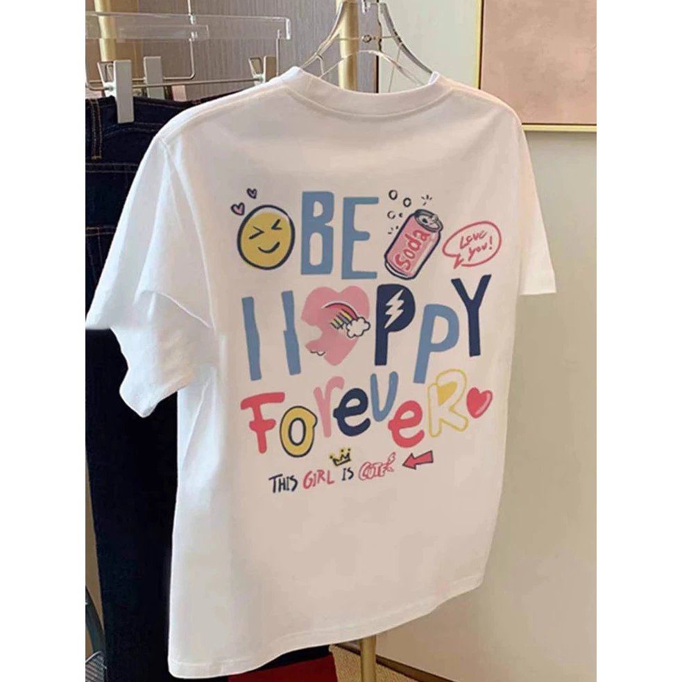 Crazy` T-shirt เสื้อยืดแขนสั้นสีขาวคอตตอนแท้สไตล์อเมริกันสำหรับผู้หญิง หลวมๆ ย้อนยุค อเนกประสงค์ เทรนด์ใหม่