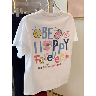 Crazy` T-shirt เสื้อยืดแขนสั้นสีขาวคอตตอนแท้สไตล์อเมริกันสำหรับผู้หญิง หลวมๆ ย้อนยุค อเนกประสงค์ เทรนด์ใหม่