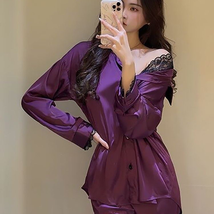 สไตล์ตะวันตกร้อนขายชุดนอนเย็บลูกไม้แขนยาว+กางเกงขาสั้นผ้าไหมน้ําแข็งฤดูร้อน ชุดลําลอง ชุด/ขนาด: หนึ่งขนาด 40-70กิโลกรัม