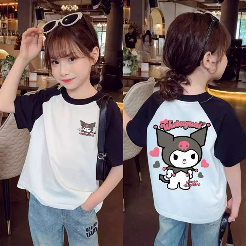2025 สาวการ์ตูนผ้าฝ้าย 100% Kuromi Raglan แขนเสื้อฤดูร้อน Tee เสื้อสําหรับเด็กกลางแจ้ง Casual T เสื้อ