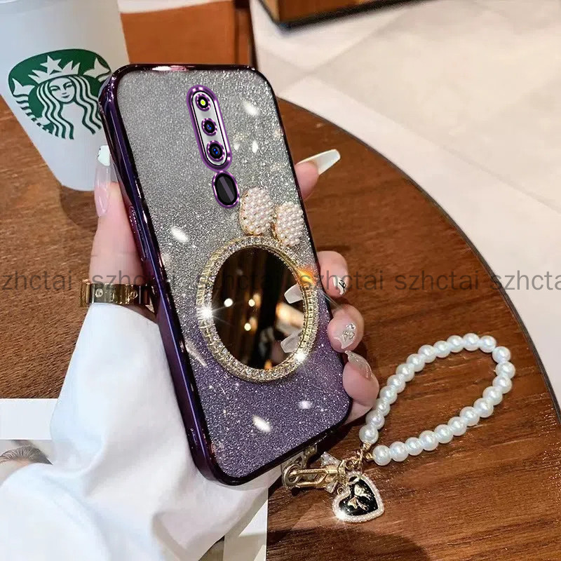 ปลอก OPPO F11 Pro F11 Luxury Cosmetic Makeup Mirror Bracket Soft Case พร้อมเชือกเส้นเล็กฝาครอบโทรศัพท์กันกระแทกสําหรับเด็กผู้หญิง