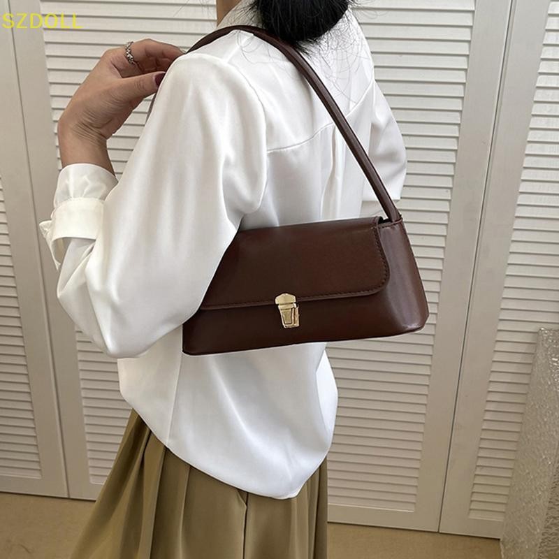 [cxSZDOLLA] Women Retro Tote Bagอินเทรนด์VINTAGE Underarm Bag Portable Casual PU Leather Solid Color Simple Handle Handbags Shoulder Bag DOM