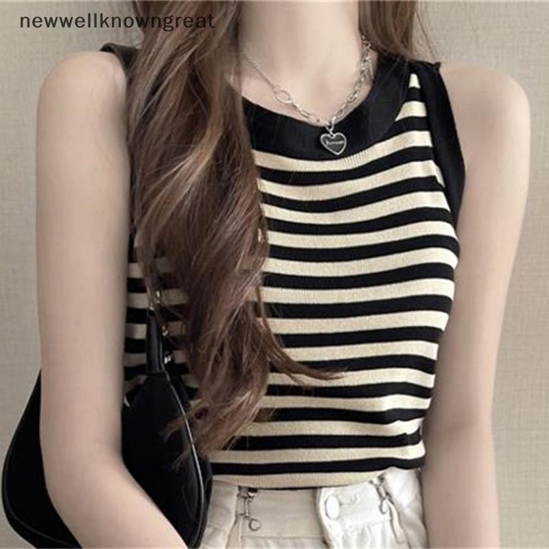 Newwellknowngreat ฤดูร้อนเกาหลีลายถักเสื้อกล้ามผู้หญิงรอบคอแขนกุด Slim Camisole CAD