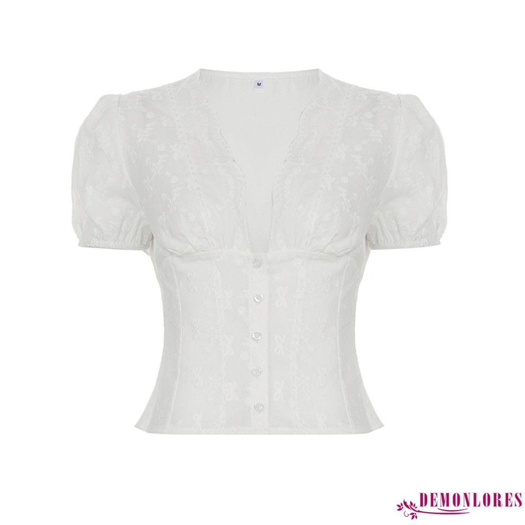 Demonlores-ผู้หญิงลูกไม้เย็บปักถักร้อย Slim Cropped Tops สั้นพัฟแขนลึก V คอปุ่มด้านหน้าตกแต่งเสื้อสเวตเตอร์ถัก - รูปที่ 6