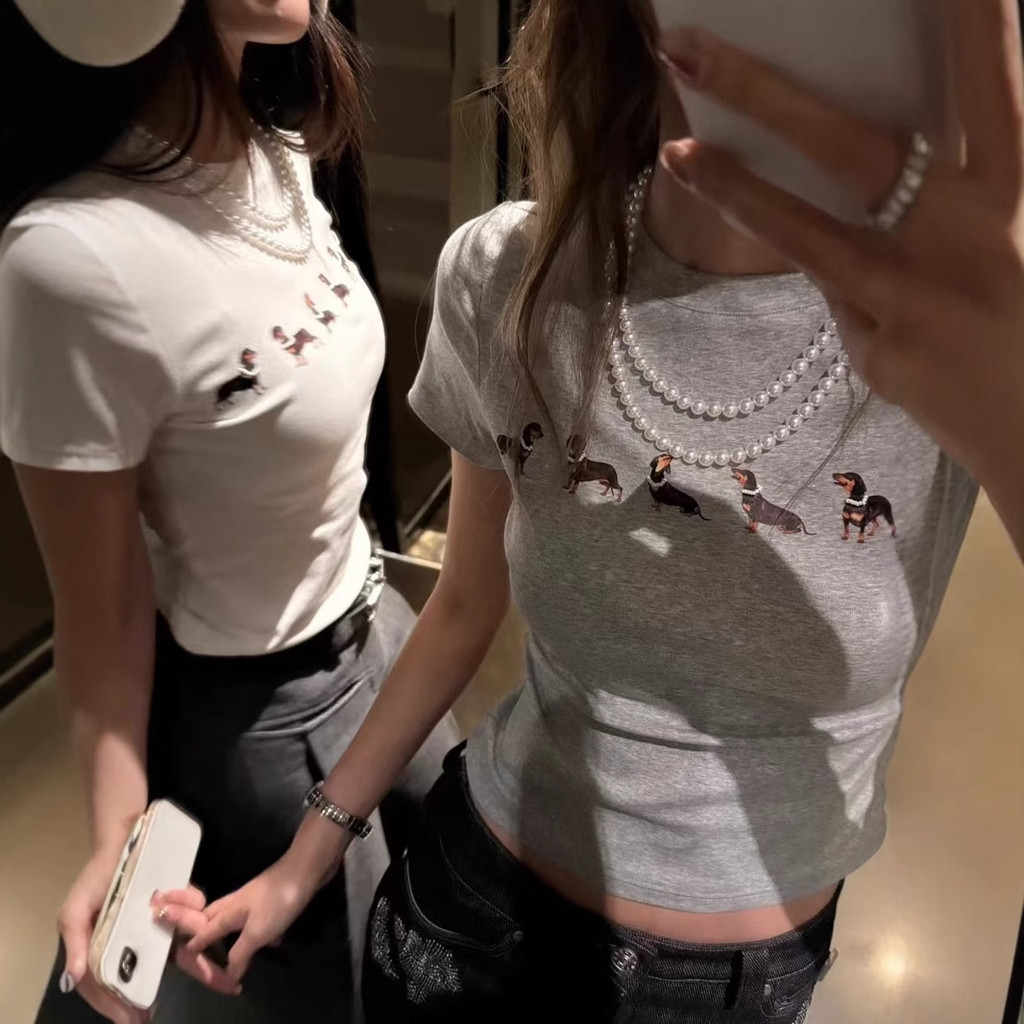 25 ฤดูใบไม้ผลิฤดูร้อน-เจนนี่สไตล์เดียวกันดัชชุนสุนัขพิมพ์เกาหลีรุ่นSlim-fit SlimmerดูAll-Matchเสื้อยืดแขนสั้นผู้หญิงอินเทรนด์
