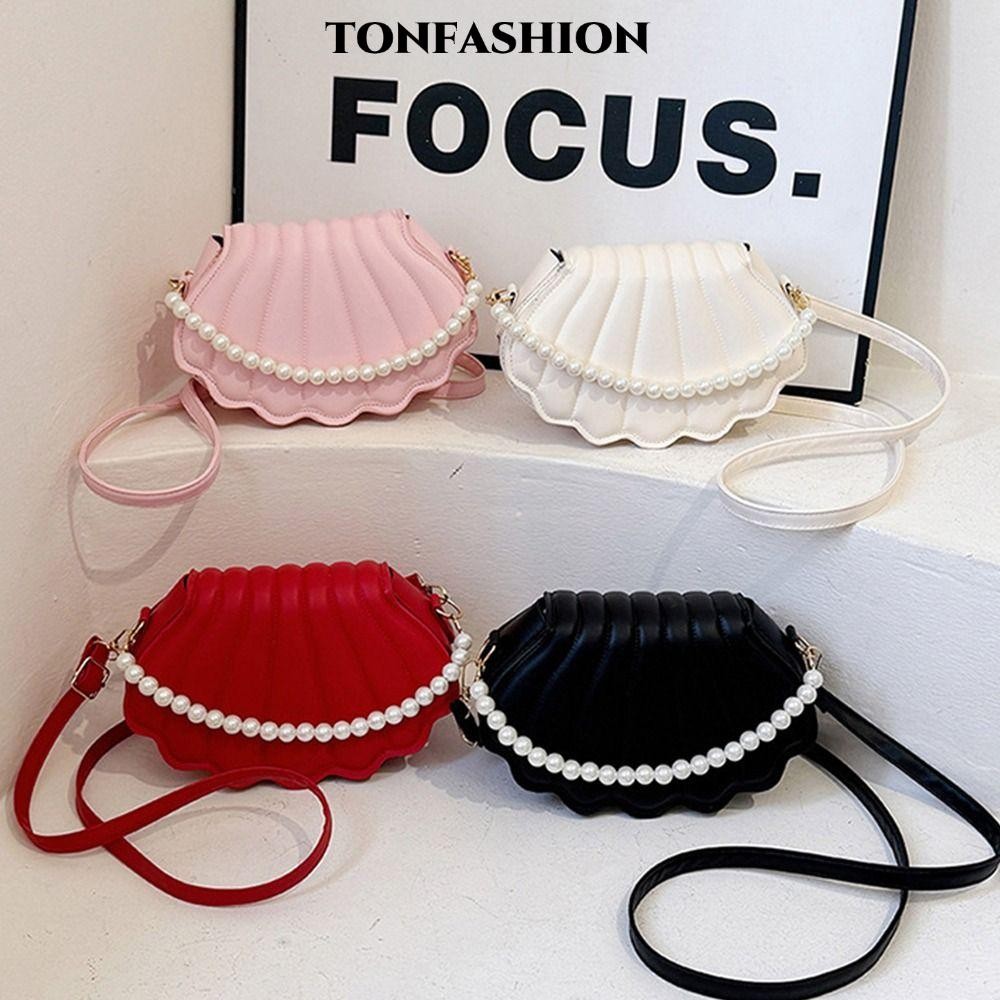 TONFASHION กระเป๋าสะพายข้าง น่ารักด้วยมุกออกแบบเชลล์กระเป๋าสะพายหนัง PU ทนทาน Minimalist Pearl ตกแต่งกระเป๋าถือสําหรับผู้หญิงสาว