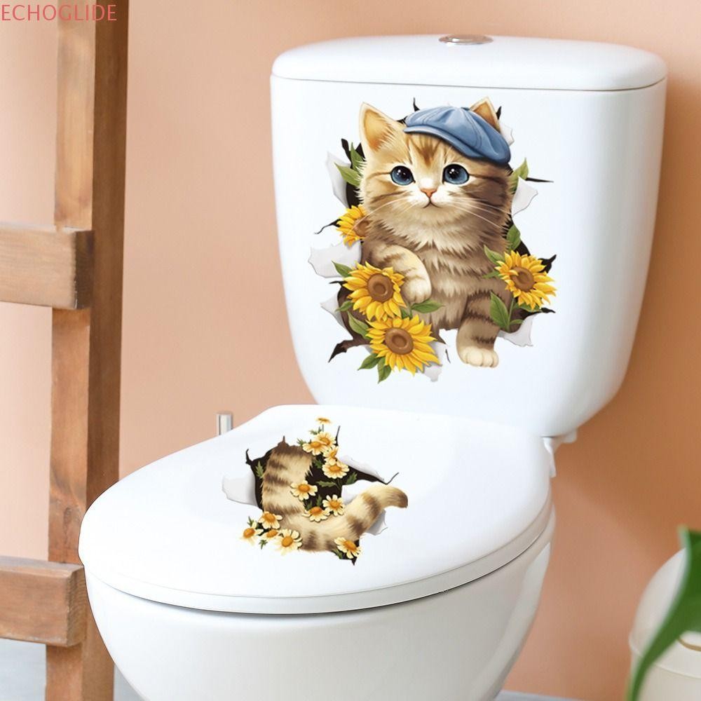 ECHOGLIDE สติ๊กเกอร์ติดห้องน้ําแมว, DIY 3D Cat Wall Decal, Creative กันน้ํา Self-กาวน่ารักที่นั่งชักโครกรูปลอกตกแต่งผนัง