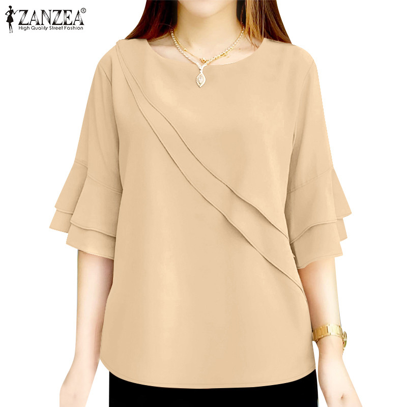 ZANZEA ซานเซีย ผู้หญิงเกาหลีแฟชั่นสีทึบสองชั้นออกแบบครึ่งแขนเสื้อ