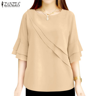 ZANZEA ซานเซีย ผู้หญิงเกาหลีแฟชั่นสีทึบสองชั้นออกแบบครึ่งแขน…