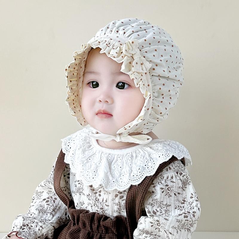 หมวกเด็กทารกทรงเจ้าหญิง หมวกเด็กอ่อนทรงบอนเน็ต ลายจุดฟรุ้งฟริ้ง มีเชือกผูกคาง ใส่สบายไม่อึดอัด M45