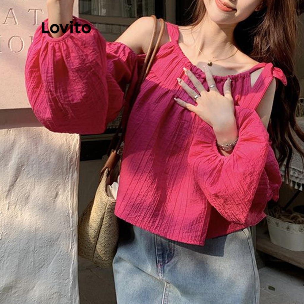Lovito เสื้อยืดแต่งระบาย ผูกโบหลัง แบบคัทเอ้าท์ สีพื้น สไตล์ลำลอง สำหรับผู้หญิง LNA08129 (สีชมพู) ราคา ถูกที่สุด ดีลบีเคเค แกลเลอรีภาพที่ 2