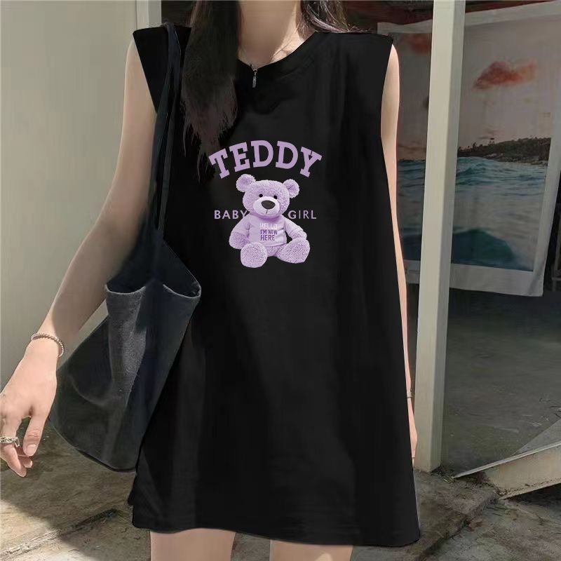 NEW เสื้อแขนกุดผู้หญิง สกรีนลายหมีม่วง OP-1098