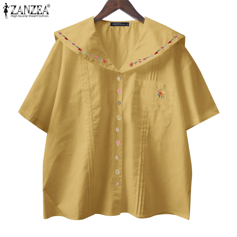 ZANZEA ซานเซีย ผู้หญิงเกาหลีลําลองแขนสั้นเย็บปักถักร้อยพิมพ์เสื้อกระเป๋า