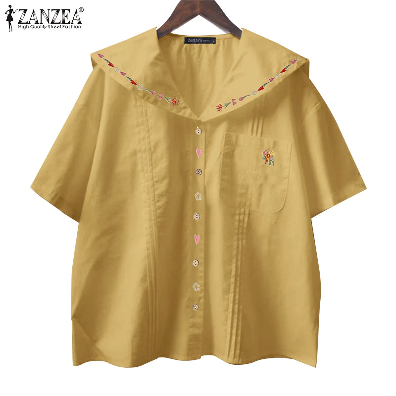 ZANZEA ซานเซีย ผู้หญิงเกาหลีลําลองแขนสั้นเย็บปักถักร้อยพิมพ์เสื้อกระเป๋า