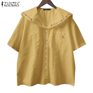 ZANZEA ซานเซีย ผู้หญิงเกาหลีลําลองแขนสั้นเย็บปักถักร้อยพิมพ์เสื้อกระเป๋า