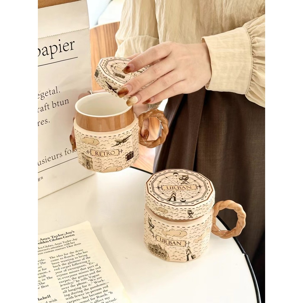 Retro แก้วถ้วยเซรามิคพร้อมฝาปิด Nordic รูปแบบถ้วยน้ําในครัวเรือน High-value สํานักงานถ้วยกาแฟถ้วยน้ํ