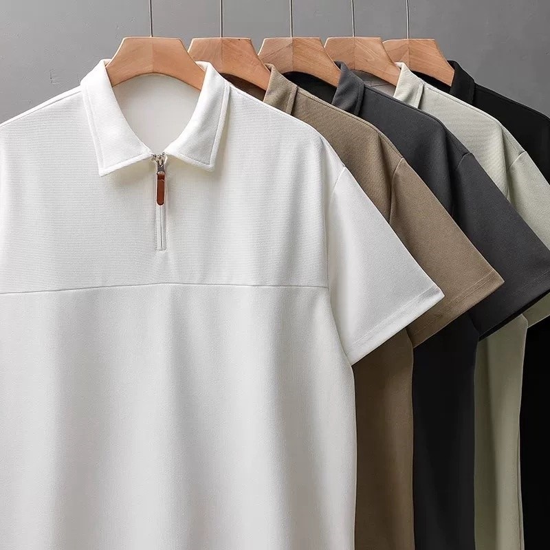 ProMan-เสื้อโปโลสีทึบแบบญี่ปุ่น  หลวมแมทช์ลุคง่าย แขนสั้นซิปครึ่ง
