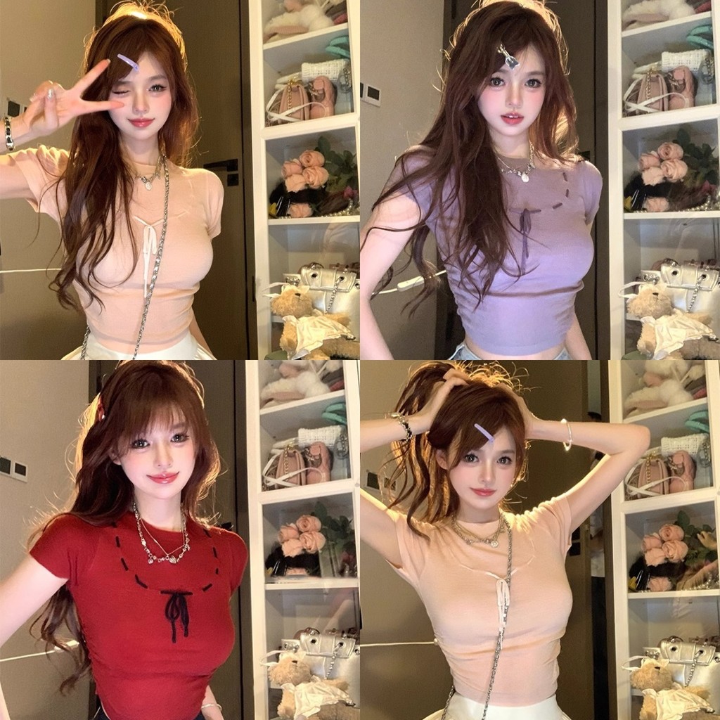 Anne เสื้อยืดผู้หญิง ไหมพรม คอกลม แขนสั้น ผูกโบว์ ผ้ายืด นิ่ม สไตล์ลำลอง ใส่สบาย น่ารัก #9091