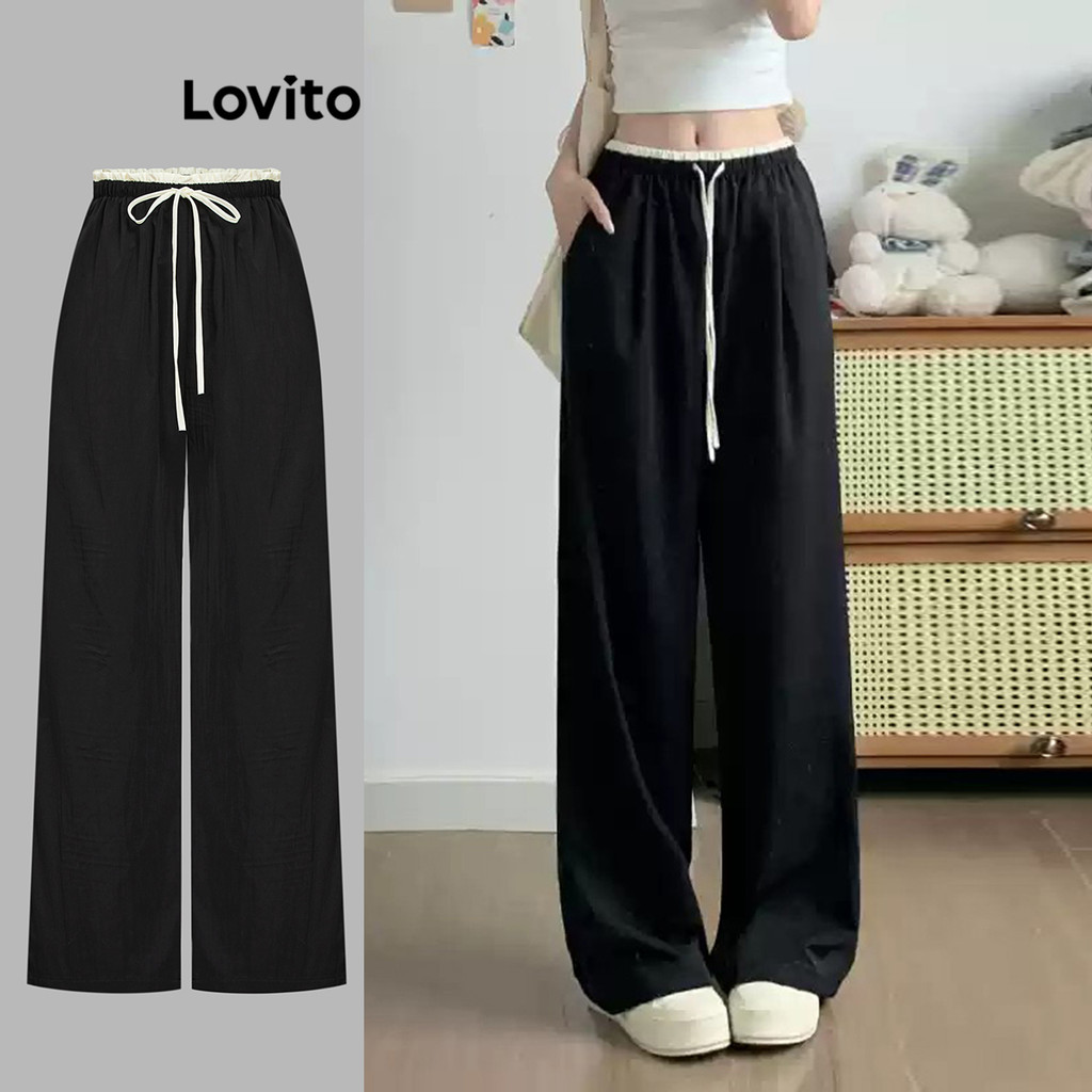 Lovito กางเกงตัดผักกาดหอม สีบล็อกแบบสบาย ๆ สำหรับผู้หญิง LAD106817