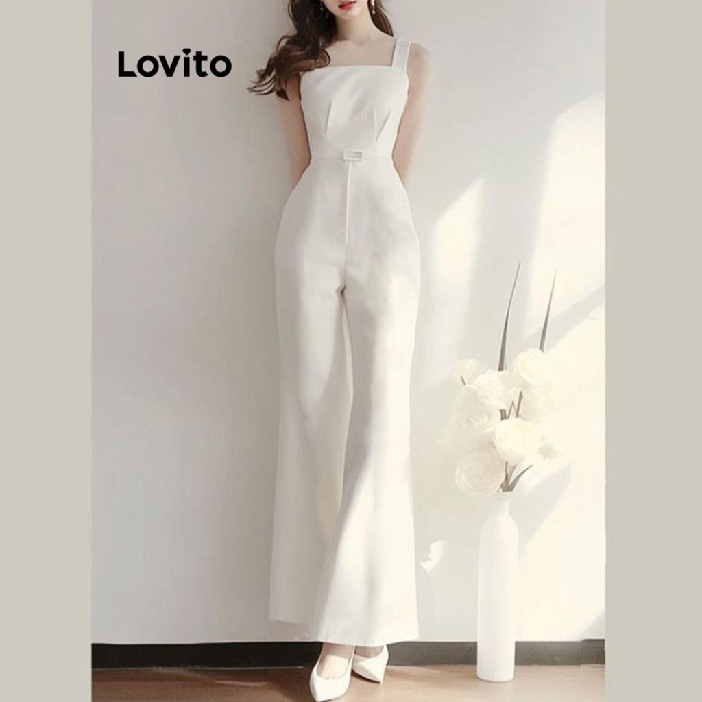 Lovito จั๊มสูทผู้หญิง เย็บตีเกล็ด สีพื้น สไตล์ลำลอง LNM69194