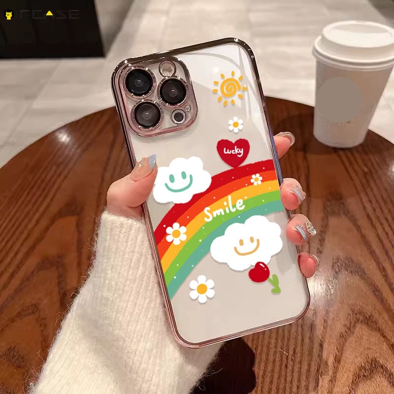 สําหรับoppo A98 A97 A96 A95 A94 A93 A92 A72 A52 A92s A91 A83 A1 4G 5Gเคสโทรศัพท์Rainbowสีขาวเมฆดอกไม้ดอกไม้ดอกทิวลิปหน้ายิ้มน่ารักการ์ตูนชุบปลอกอ่อนกรณีปกหลัง
