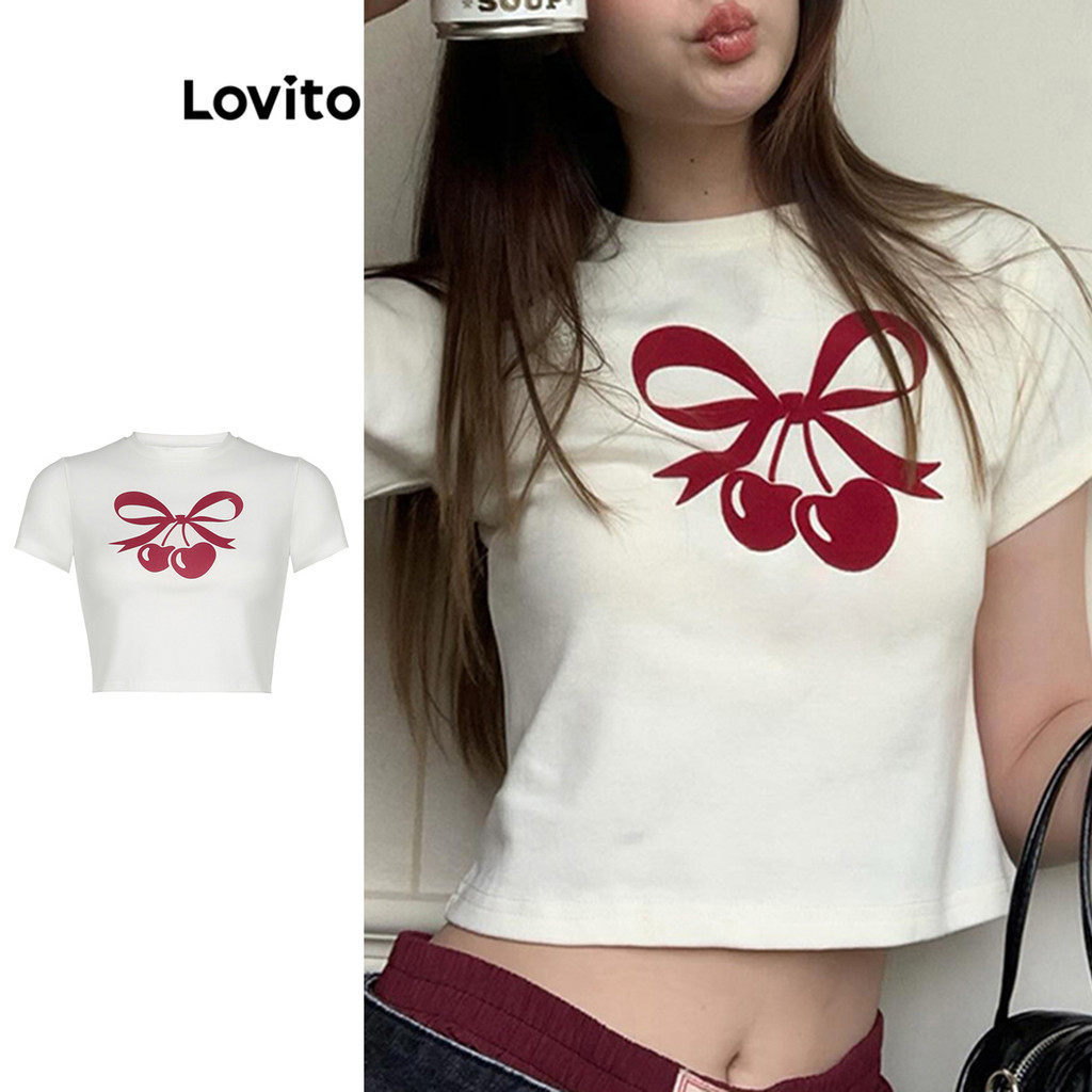 Lovito เสื้อยืดพิมพ์ลายธรรมดาสำหรับผู้หญิง LNL69063