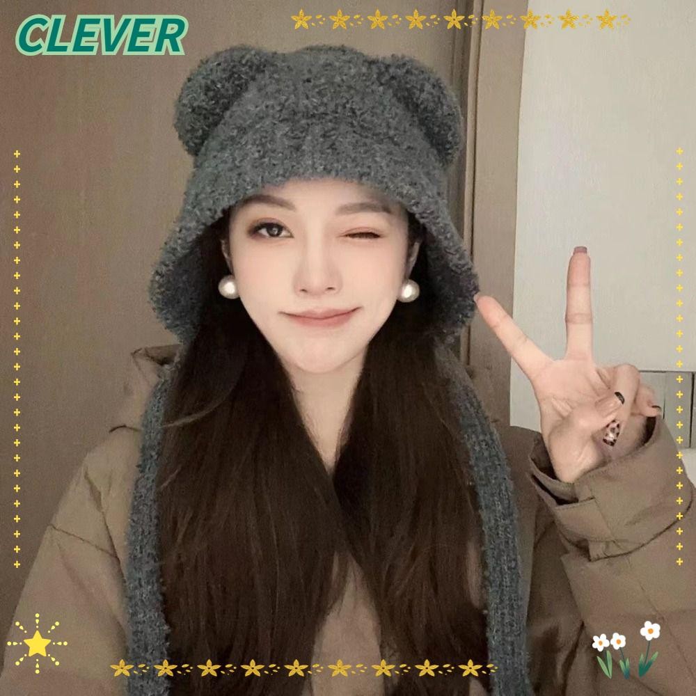 หมวกถักนิตติ้ง CLEVER, หมวกป้องกันหูฤดูหนาว Y2K, หมวกบีนนี่สาวนิชสายยาวน่ารัก