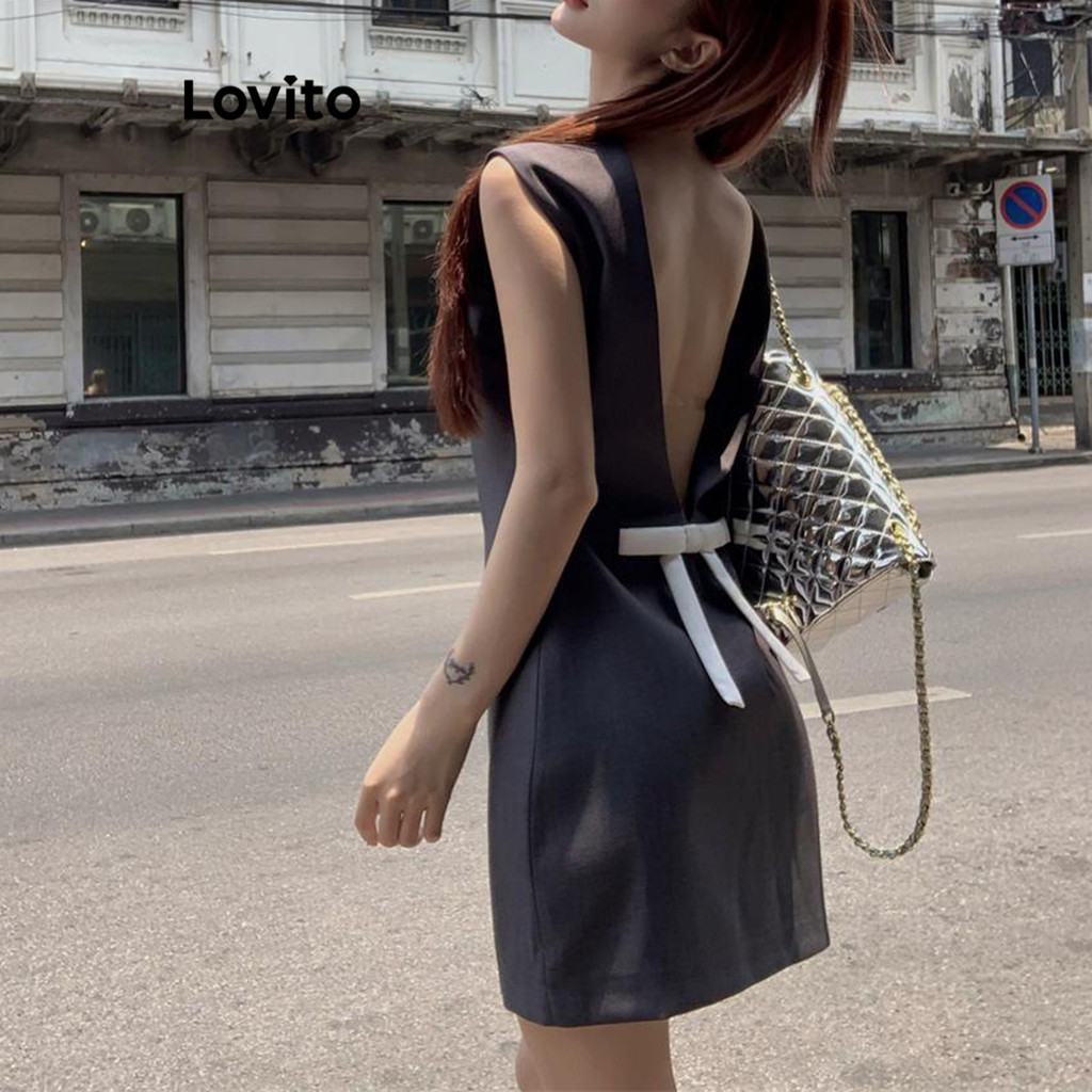 Lovito เดรสผู้หญิง แต่งโบว์ สีพื้น สไตล์ลำลอง LNA67145