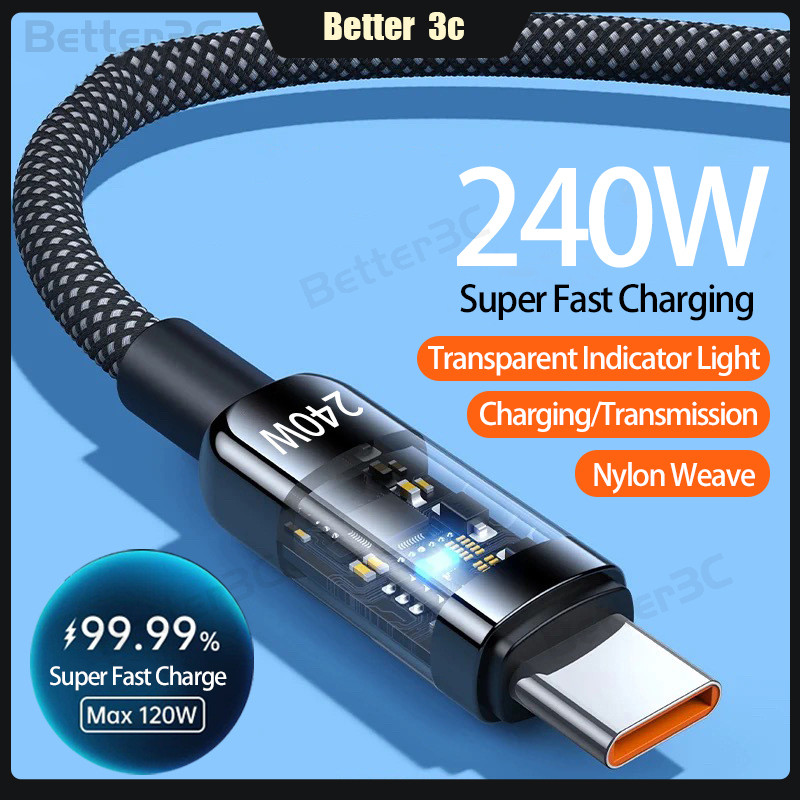 240w type c charger fast charge สายเคเบิลข้อมูล usb อัจฉริยะ power-off braided usb to type c cable พร้อมไฟแสดงสถานะโปร่งใสสําหรับโทรศัพท์มือถือ/แท็บเล็ต/แล็ปท็อป
