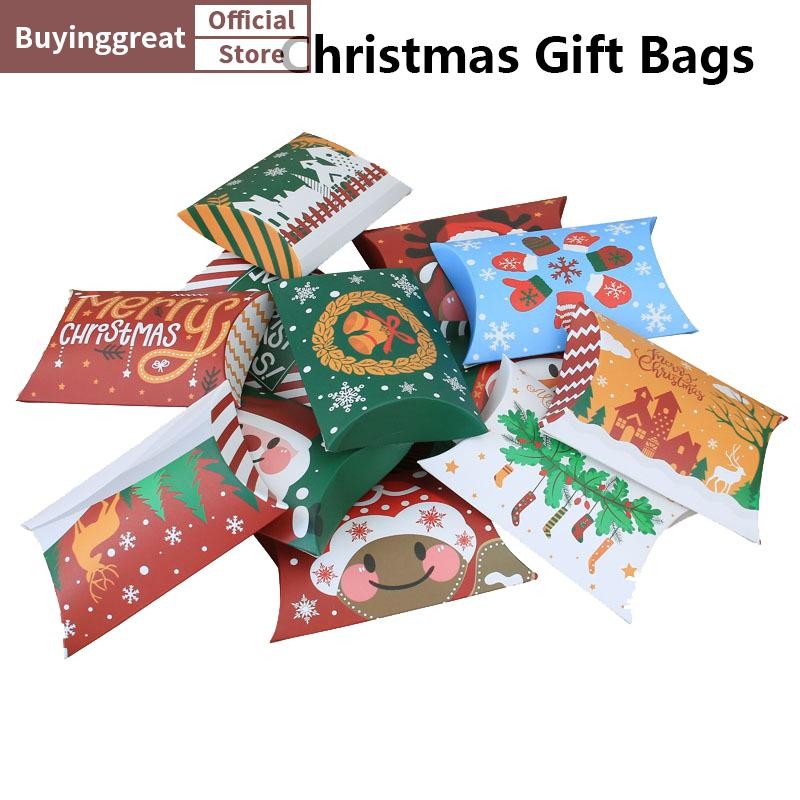 Tst 10 ชิ้นคริสต์มาสธีมหมอนของขวัญกล่องกระดาษคราฟท์ Creative Xmas Favor Candy กล่องบรรจุภัณฑ์ถุงของขวัญปีใหม่ Party Supplies SG
