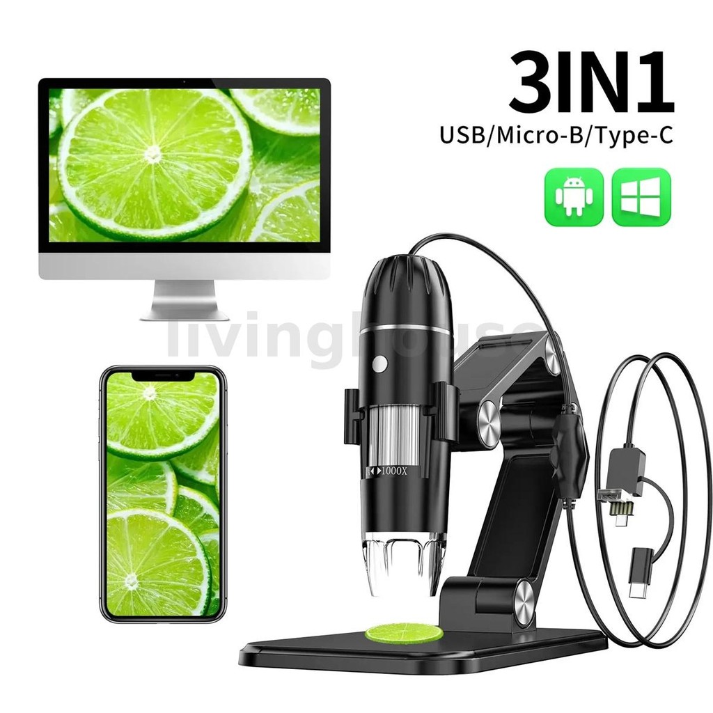 3-in-1 50X-1000X กล้องจุลทรรศน์ดิจิตอลแบบพกพา 1080P HD WiFi USB 8 กล้องจุลทรรศน์ LED สําหรับ iPhone Android PC