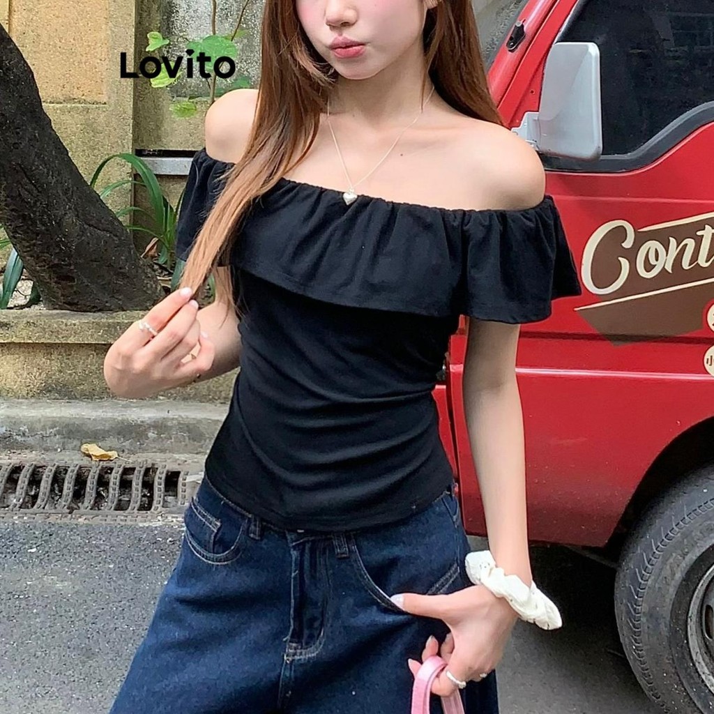 Lovito เสื้อยืดไหล่เย็นสำหรับผู้หญิง ไม่เป็นทางการ นัวเนีย LNM74054