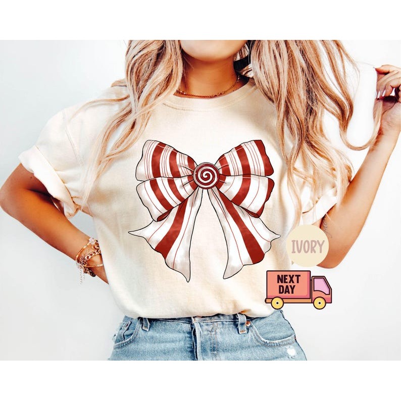 Comfort Colors, Christmas Candy Cane Bow Shirt, Holiday shirt, Christmas Coquette Shirt, Christmas B