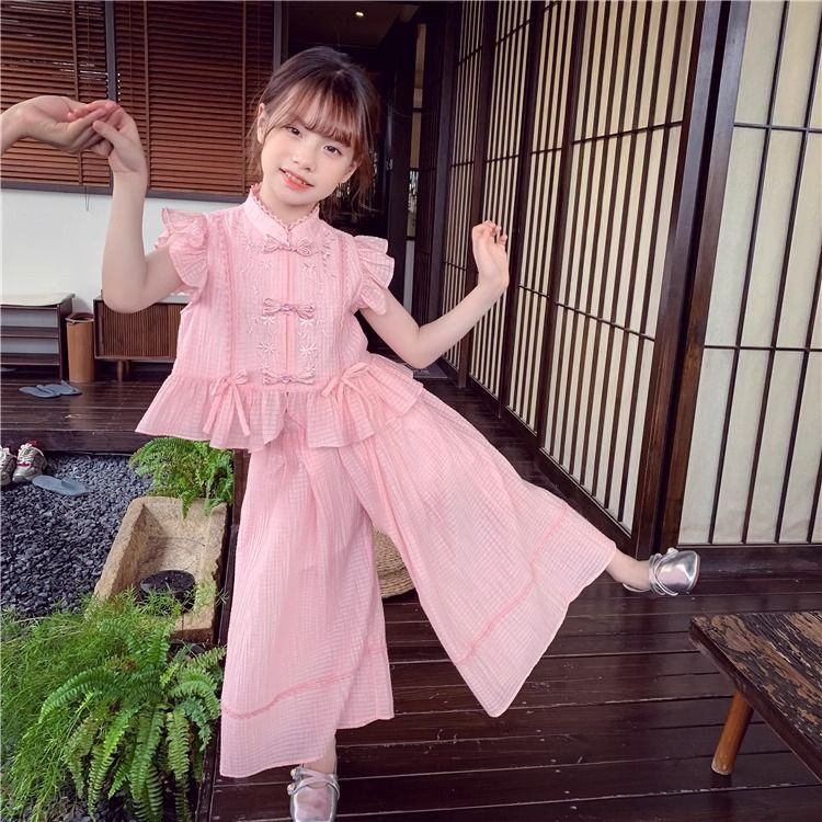 Cny สาวจีนสไตล์แห่งชาติ Hanfu กางเกงขากว้างชุดสาวฤดูร้อนเด็กสบายๆชุดสองชิ้น Tang ชุด Hanfu