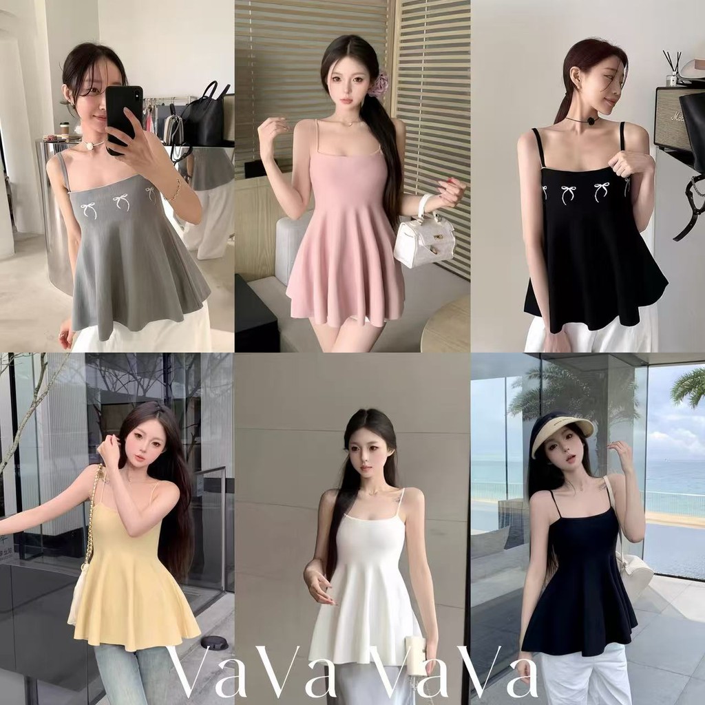VaVa  มีสินค้า เสื้อแขนกุดผู้หญิง เสื้อสายเดี่ยวไหมพรม ทรงยาวรัดรูปสีพื้น เสื้อสายเดี่ยวสไตล์อ่อนโยนสไตล์เกาหลี