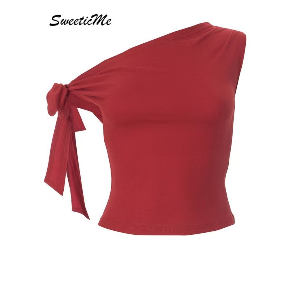 Sweeticme ผู้หญิง 2024 ใหม่แฟชั่น Knot สีทึบเซ็กซี่คริสต์มาสสีแดงหนึ่งไหล่ Ruffle Top