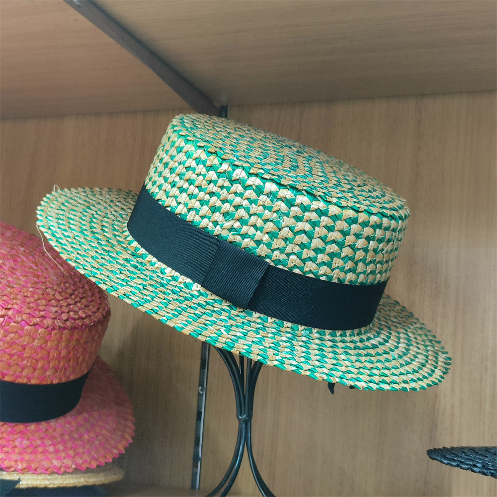 YGreen Straw Straw Hat Women's Flat Top Hat Summer Sun Protection UV Hat Beach Hat Handmade Straw Ha
